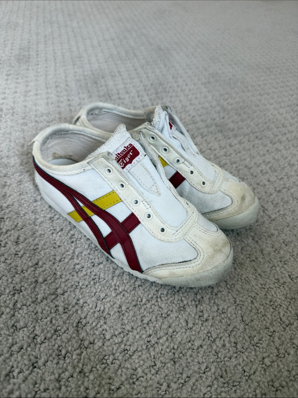 Onitsuka Tiger by Asics Kids White Sneakers with Maroon & Yellow Stripes